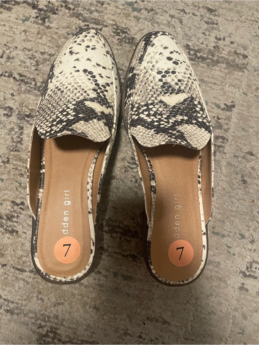 Madden Girl Snake-Print Slip-On Mules in Cream and Black
